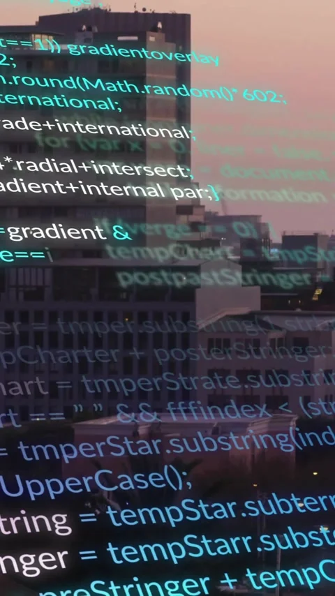 Computer code animation over cityscape at sunset Stock Footage 343996907