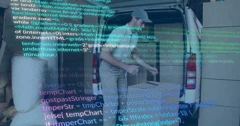 Computer code animation over delivery worker loading packages into van Stock Footage 305727202