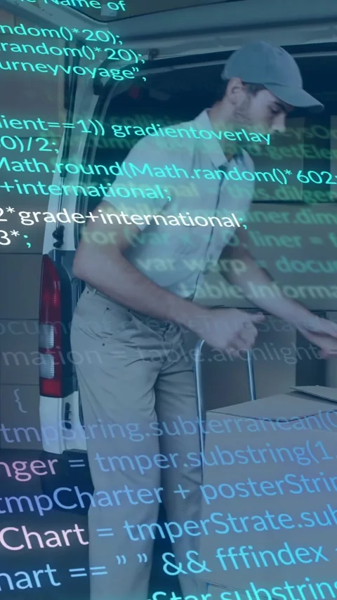 Computer code animation over delivery worker loading packages into van Stock Footage 320093739