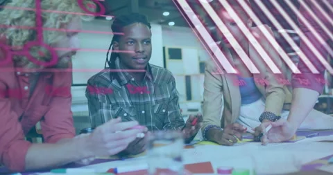 Computer code animation over diverse team collaborating in modern office Stock Footage 305620156