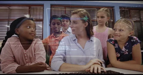 Computer code animation over diverse children and teacher in classroom Stock Footage 305893463