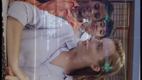 Computer code animation over diverse children and teacher in classroom Stock Footage 313166595