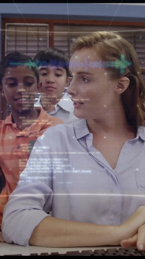 Computer code animation over diverse children and teacher in classroom Stock Footage 320093595