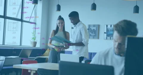Computer code animation over diverse colleagues discussing documents in modern Stock Footage 329694331