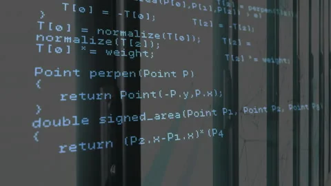 Computer code animation over glass windows in modern office building Stock Footage 304101935