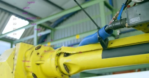 Computer code animation over industrial robot arm in factory setting Stock Footage 330055396