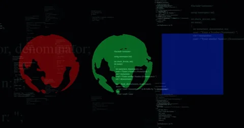Computer code animation over red and green globes and blue rectangle Stock-Footage 306565369