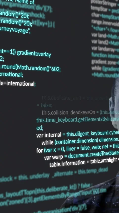 Computer code animation over serious woman in dark background, focusing on Stock Footage 320034818