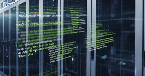 Computer code animation over server racks in data center Stock Footage 306199587