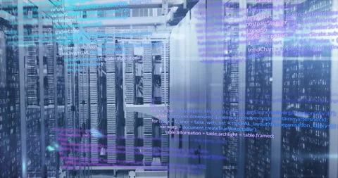 Computer code animation over server racks in data center Stock Footage 306199628