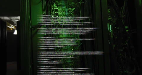 Computer code animation over server racks in dark room Stock Footage 306507718