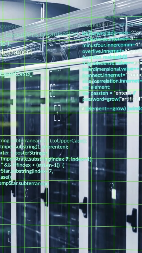 Computer code animation over server racks in data center Stock Footage 320093501