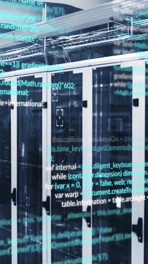 Computer code animation over server racks in data center 動画素材 320093502