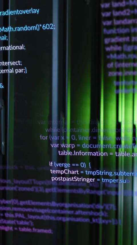Computer code animation over server racks in data center Stockbeeldmateriaal 342812961