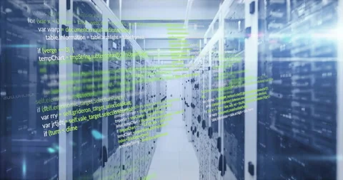 Computer code animation over servers in data center Stock Footage 306199627