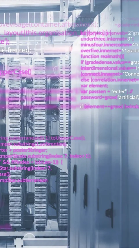 Computer code animation over servers in data center Stock Footage 320093511