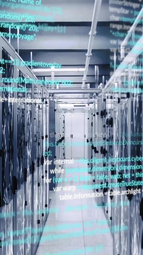 Computer code animation over servers in data center Stock Footage 323248182