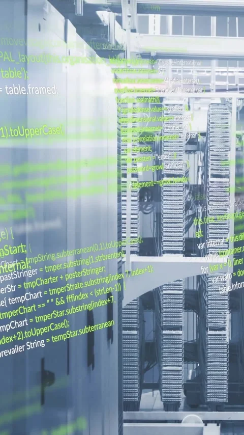 Computer code animation over servers in data center Stock Footage 323248184