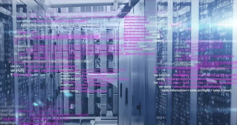 Computer code animation over servers in data center Stock Footage 327198954