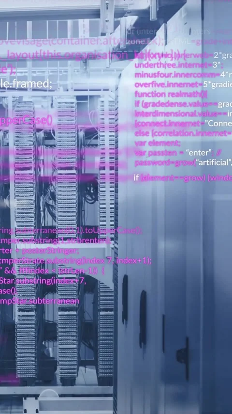 Computer code animation over servers in data center Stock Footage 341927954