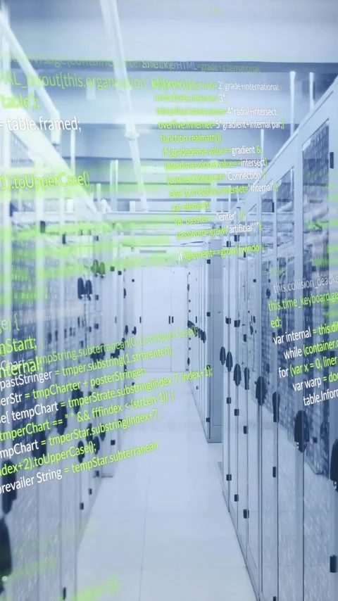 Computer code animation over servers in data center Stock Footage 341977010