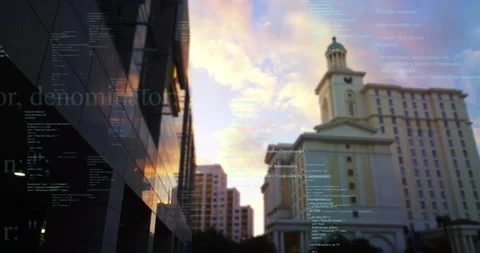 Computer code animation over urban cityscape with modern and classical buildings Video stock 303615822
