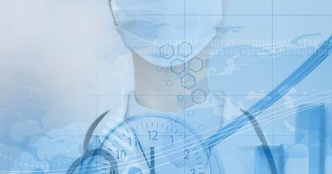 Computer code, clock, and map over a medical worker, coronavirus and healthcare Stockfoto's