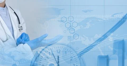 Computer code, clock, and map over a medical worker, coronavirus and healthcare Stock-Fotos