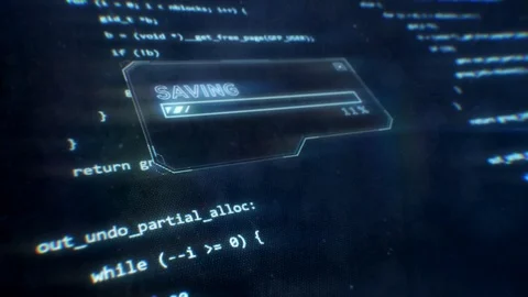 Computer Code Displayed on Sci-Fi Screen as Saving Message is Displayed Video stock 111320506