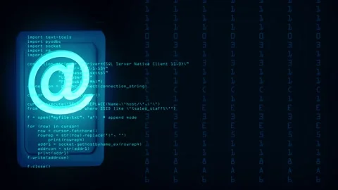Computer code generating on screen with email and phone symbol Stock Footage 327221906