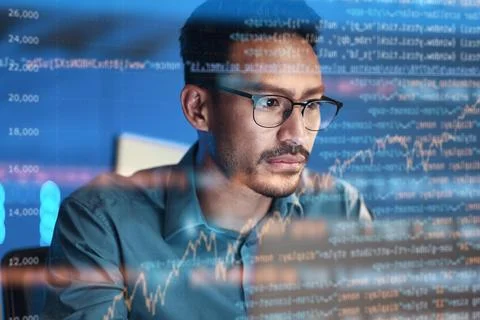 Computer, code hologram and business man in data analysis, coding technology and Stock Photos