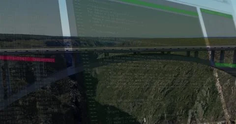 Computer code image over aerial view of bridge and landscape Foto stock