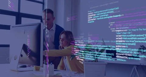 Computer code image over business people collaborating in modern office Stockfoto's