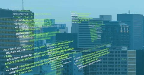 Computer code image over cityscape with modern buildings Stock Photos