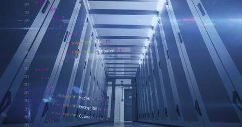 Computer code image over data center servers in hallway Stockfoto's