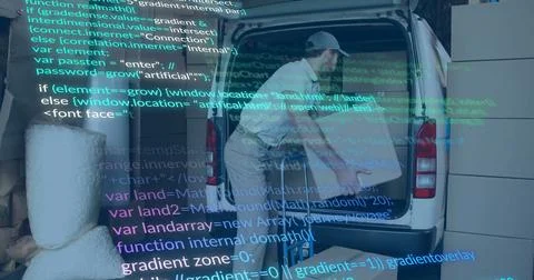 Computer code image over delivery worker loading packages into van 스톡 사진
