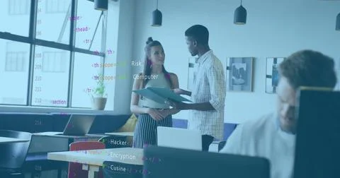 Computer code image over diverse colleagues discussing documents in modern Illustrazione stock