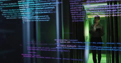 Computer code image over person standing near glass wall Stock Photos