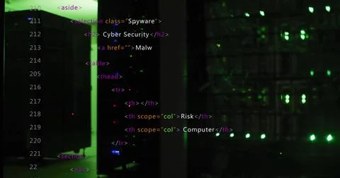 Computer code image over server room with green lights Illustrazione stock