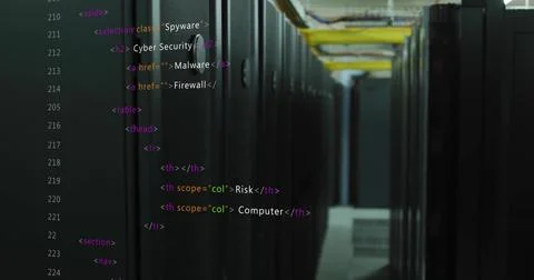 Computer code image over server racks in data center 스톡 일러스트