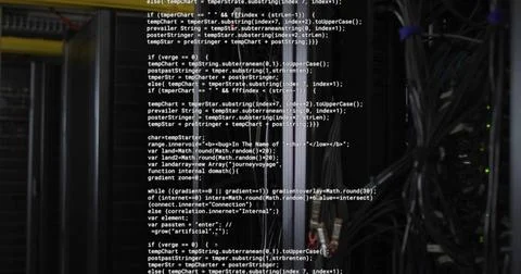 Computer code image over server racks in data center Stockfoto's