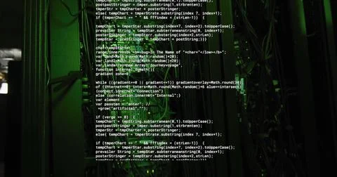 Computer code image over server racks in dark room Foto stock