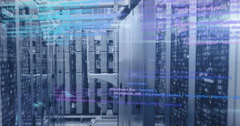 Computer code image over server racks in data center 写真素材