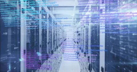 Computer code image over server racks in data center Stock Photos