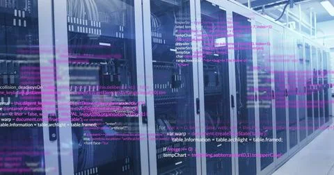 Computer code image over server racks in data center Foto stock