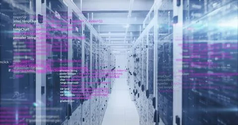 Computer code image over server racks in data center Stock Photos