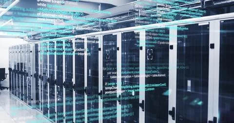 Computer code image over server racks in data center Stock Photos