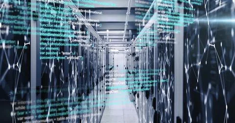 Computer code image over servers in data center Stock Photos