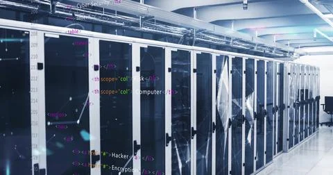 Computer code image over servers in data center Stock Photos