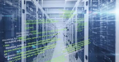 Computer code image over servers in data center Stock Photos